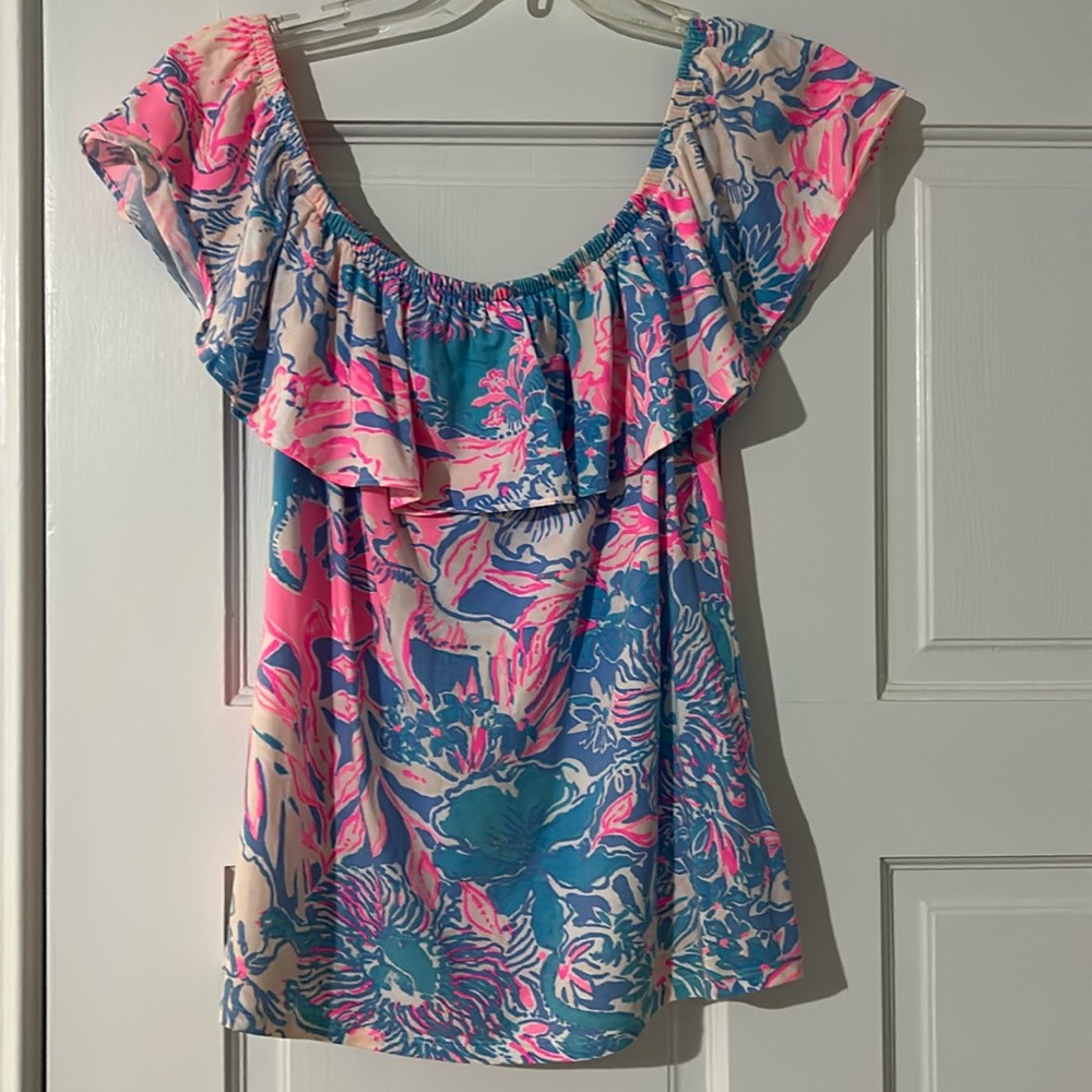Lilly Pulitzer La Fortuna Top Blue Peri Viva La Lilly Off The Shoulder Size S